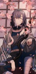 Rule 34 | 1boy, absurdres, animal, animal around neck, bandage on face, bandages, black hair, black snake, cherry blossoms, closed eyes, covered mouth, demon slayer uniform, highres, iguro obanai, katana, kimetsu no yaiba, long hair, male focus, ogura aoi, sitting, snake, snake wrapped around neck, solo, sword, weapon, white snake