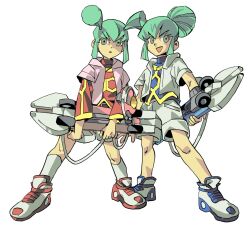 1boy 1girl blue_shirt brother_and_sister duel_disk full_body green_eyes green_hair jacket lua_(yu-gi-oh!) luca_(yu-gi-oh!) pink_jacket pink_shorts shirt shorts siblings simple_background skateboard twins white_background white_jacket white_shorts yu-gi-oh! yu-gi-oh!_5d&#039;s yumakun01
