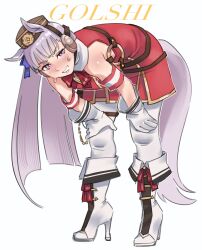 1girl absurdres animal_ears armband bare_shoulders bent_over blunt_bangs boots bow bowtie brown_hat ceramicnoise commentary dress ear_bow ear_covers ear_ornament ear_ribbon english_commentary english_text full_body gloves gold_ship_(umamusume) hands_on_own_legs hat high_heel_boots high_heels highres horse_ears horse_girl horse_tail long_hair o-ring pillbox_hat pink_eyes red_bow red_bowtie red_dress sleeveless sleeveless_dress smile solo sweat tail thigh_strap umamusume white_background white_gloves white_hair