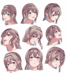 1girl :d black_hairband blue_eyes blue_hair blush brown_hair closed_mouth food food_on_face hairband hand_up head_only highres mosta_(lo1777789) multiple_expressions multiple_views nervous_smile open_mouth original puffy_cheeks simple_background small_sweatdrop smile sweat tongue tongue_out v-shaped_eyebrows white_background