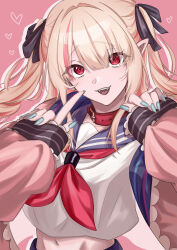1girl :d absurdres aqua_nails belt_collar blue_sailor_collar brown_jacket collar gyaru highres jacket long_hair long_sleeves looking_at_viewer makaino_ririmu midriff multicolored_hair navel neckerchief nijisanji open_mouth pink_background pointy_ears red_collar red_eyes red_neckerchief sailor_collar school_uniform shirt sleeves_past_wrists smile solo streaked_hair suzukure_86 twintails upper_body virtual_youtuber white_shirt
