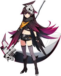 1girl artist_request black_boots black_gloves black_shorts boots closed_mouth colored_inner_hair dapiko_(duel_masters) duel_masters duel_masters_play&#039;s fingerless_gloves fishnets gloves grey_thighhighs hair_ornament holding holding_scythe holding_weapon long_hair midriff multicolored_hair navel official_art purple_eyes scythe short_shorts shorts simple_background skull_hair_ornament solo thighhighs transparent_background very_long_hair weapon