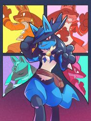 absurdres brown_bag commentary_request fang furry gen_4_pokemon hand_on_headwear hand_up happy hat highres looking_down lucario multiple_views nintendo open_mouth pkpokopoko3 pokemon pokemon_(creature) pokemon_focus red_eyes smile
