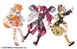 3girls absurdres ahoge akubi_demonspade animal_ears black_boots black_coat boots brown_hair cape checkered_coat coat colored_inner_hair commentary_request copyright_notice cropped_jacket crown dress fox_ears fox_girl fox_tail green_eyes green_hair hat heterochromia highres jacket knee_boots komawari_koma leg_ribbon legwear_garter long_hair looking_at_viewer million_production mini_crown mini_hat multicolored_hair multiple_girls official_art open_mouth orange_dress orange_eyes orange_hair orange_ribbon orange_shoes otonose_raco outstretched_arms pointing pointing_up red_cape red_eyes red_hair ribbon sample_watermark shading_eyes shoes short_hair simple_background sleeves_past_wrists smile socks split-color_hair spread_arms streaked_hair striped_clothes striped_jacket tail tailcoat thigh_ribbon top_hat twintails two-sided_coat two-sided_fabric vertical-striped_clothes vertical-striped_jacket virtual_youtuber waka_(wk4444) watermark white_background white_eyes white_hair white_shoes white_sleeves white_socks yellow_coat yellow_socks