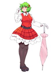 1girl absurdres black_pantyhose closed_umbrella flower frilled_skirt frills full_body green_hair hanaarts highres kazami_yuuka pantyhose plaid_clothes plaid_skirt red_eyes red_skirt red_vest short_hair skirt skirt_set sunflower touhou umbrella vest