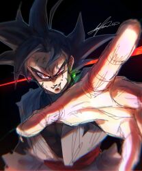 1boy battle_damage black_background black_shirt dougi dragon_ball dragon_ball_super earrings goku_black grey_tunic hand_focus highres jewelry lafia_db male_focus medium_hair potara_earrings reaching reaching_towards_viewer red_eyes red_sash sash shirt simple_background single_earring smirk solo spiked_hair tunic upper_body