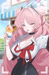 1girl black_skirt blue_archive blush bow breasts cleavage closed_mouth crepe demon_girl demon_horns double_bun fingernails fluffy_hair food gold_necklace hair_bun high-waist_skirt highres holding holding_crepe holding_food horns jewelry kirara_(blue_archive) large_breasts long_fingernails long_hair necklace pink_eyes pink_hair potatoy red_bow red_nails ring skirt solo tongue tongue_out