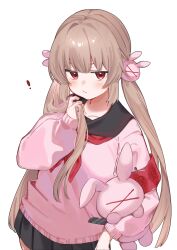 ! 1girl armband black_sailor_collar black_skirt brown_hair cardigan collarbone eyebrows_hidden_by_hair hair_ornament highres holding holding_own_hair holding_stuffed_toy jitome long_hair long_sleeves looking_at_viewer low_twintails natori_sana natori_sana_(school_uniform) neckerchief pink_cardigan pleated_skirt puffy_long_sleeves puffy_sleeves rabbit_hair_ornament red_armband red_eyes red_neckerchief sailor_collar sana_channel school_uniform serafuku simple_background skirt sleeves_past_wrists solo stuffed_animal stuffed_rabbit stuffed_toy twintails ukiko_ruu v-shaped_eyebrows virtual_youtuber white_background