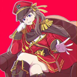 Rule 34 | 1girl, boots, breasts, brown boots, brown cape, brown hair, cape, collared jacket, commentary, cosplay, couch, crossed legs, epaulettes, feet out of frame, fujishima megumi, gloves, goldluck, hat, highres, jacket, knee boots, lace-up boots, link! like! love live!, long hair, love live!, medium breasts, military uniform, miniskirt, official alternate costume, on couch, ongeki, ousaka akane, ousaka akane (cosplay), outline, purple eyes, red background, red cape, red hat, red jacket, red skirt, rocket launcher, rpg (weapon), simple background, sitting, skirt, solo, two-sided cape, two-sided fabric, two side up, virtual youtuber, weapon, white gloves, white outline