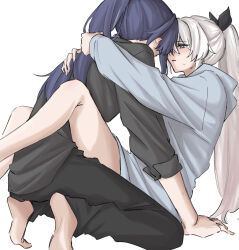 2girls barefoot between_legs black_panties black_shirt blue_hoodie blush commentary ear_blush grey_eyes highres honkai_(series) honkai_impact_3rd hood hoodie kiana_kaslana leg_lock long_hair long_sleeves multiple_girls panties parted_lips ponytail purple_hair raiden_mei shirt simple_background sleeves_rolled_up sweat sweatdrop syonosuke9573 underwear white_background white_hair yuri
