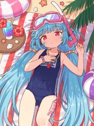 1girl ball beachball blue_hair blue_one-piece_swimsuit cameltoe closed_mouth commission covered_navel diving_mask diving_mask_on_head flat_chest gluteal_fold goggles goggles_on_head guardian_tales hair_bobbles hair_ornament highres little_android_aa72 long_hair looking_at_viewer low_twintails lying on_back one-piece_swimsuit onyhakase pixiv_commission red_eyes school_swimsuit snorkel solo starfish swimsuit twintails whistle whistle_around_neck