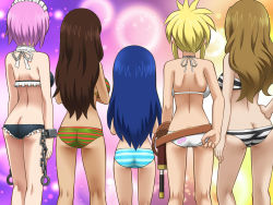 5girls adjusting_clothes adjusting_swimsuit ass awa belt bikini blonde_hair blue_hair brown_hair butt_crack cana_alberona chain cuffs evergreen_(fairy_tail) fairy_tail from_behind hand_on_own_hip highres holster kneepits lineup long_hair lowleg lucy_heartfilia maid maid_headdress multiple_girls panty_tug petite pink_hair shackles short_hair sidelocks striped_bikini striped_clothes swimsuit virgo_(fairy_tail) wendy_marvell white_bikini