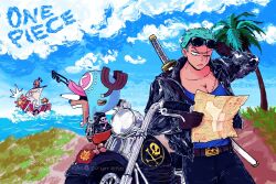 2boys antlers blue_tank_top brown_gloves closed_mouth commentary copyright_name english_commentary froagie gloves green_hair hat holding holding_map hood horns jacket jolly_roger leather leather_jacket map motor_vehicle motorcycle multiple_boys one_eye_closed one_piece open_mouth pirate_ship reindeer_antlers roronoa_zoro scar scar_across_eye scar_on_face sky straw_hats_jolly_roger sword sword_on_back tank_top thousand_sunny tony_tony_chopper unworn_eyewear weapon weapon_on_back