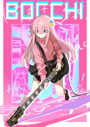 1girl absurdres ankle_socks black_skirt black_socks blue_eyes bocchi_the_rock! border brown_shoes cable character_name chinese_commentary closed_mouth colored_shadow commentary_request cube_hair_ornament drop_shadow electric_guitar eyes_visible_through_hair full_body gotoh_hitori guitar hair_between_eyes hair_ornament hair_over_eyes highres instrument jacket knees_up leaning_forward long_hair long_sleeves miniskirt mixed-language_commentary multiple_views music nervous nervous_sweating one_side_up outside_border pink_background pink_hair pink_jacket playing_guitar playing_instrument pleated_skirt poster_(object) shadow shoes sidelocks sitting skirt socks sweat track_jacket turtleneck turtleneck_jacket uwabaki very_long_hair wavy_mouth white_border xiao_pang_pang_pang_pang_wang zipper