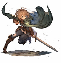1girl belt blonde_hair boots brown_belt brown_boots buckle cape dojen fighting_stance floating_cape green_cape green_eyes grey_leggings highres holding holding_sword holding_weapon hood hooded_cape knee_boots leggings medium_hair original simple_background skirt solo sword weapon white_background