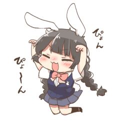 1girl :d animal_ears arms_up black_hair black_shoes black_socks blush_stickers bow braid cardigan_vest chibi closed_eyes collared_shirt dress_shirt facing_viewer full_body grey_skirt long_hair low_twintails nijisanji open_mouth paw_pose pink_bow pleated_skirt rabbit_ears rebecca_(keinelove) school_uniform shirt shoes simple_background skirt smile socks solo translation_request tsukino_mito tsukino_mito_(summer_uniform) twin_braids twintails v-shaped_eyebrows very_long_hair virtual_youtuber white_background white_shirt