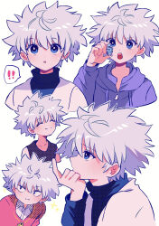 Rule 34 | !, 1boy, black tank top, blue eyes, collarbone, drawstring, grey hair, highres, holding, holding toy, hood, hood down, hunter x hunter, killua zoldyck, male focus, multiple views, open mouth, sanamaru (sana79261827), spoken exclamation mark, tank top, thinking, toy, white background