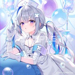 1girl amane_kanata amane_kanata_(nurse) angel_wings balloon bandaged_arm bandages blue_hair blue_wings collar colored_inner_hair commentary_request copyright_notice detached_collar dress feathered_wings gloves gradient_wings grey_hair hair_ornament hairclip halo hand_up hat holding holding_syringe hololive id_card intravenous_drip lanyard long_hair looking_at_viewer mini_wings multicolored_hair multicolored_wings nurse nurse_cap official_alternate_costume official_alternate_hairstyle official_art open_mouth pink_hair puffy_short_sleeves puffy_sleeves purple_eyes sample_watermark satoupote short_sleeves single_hair_intake solo star_halo streaked_hair syringe v-shaped_eyebrows virtual_youtuber watermark white_collar white_dress white_gloves white_hat white_wings wing_collar wings x_hair_ornament