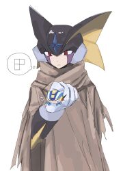 2boys bass.exe_(mega_man) black_helmet brown_cloak cloak cowboy_shot dcefffff fins head_fins helmet highres holding male_focus mega_man_(series) mega_man_battle_network_(series) megaman.exe multiple_boys netnavi red_eyes simple_background solo_focus speech_bubble thought_bubble white_background