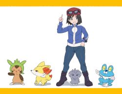 1boy blue_jacket boots bracelet calem_(pokemon) chespin clenched_hand commentary_request espurr eyewear_on_headwear fennekin froakie gen_6_pokemon grey_eyes grin hand_up hat highres index_finger_raised jacket jewelry long_sleeves male_focus meme nintendo pants pokedance_(meme) pokemon pokemon_(creature) pokemon_xy red_hat sana_(37pisana) short_hair smile standing starter_pokemon_trio sunglasses white_background