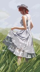 1girl absurdres artist_name chainsaw_man closed_eyes closed_mouth clothes_lift dress dress_lift hat highres long_hair makima_(chainsaw_man) mymzi on_grass outdoors red_hair smile solo standing white_dress white_hat