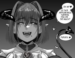 Rule 34 | bow, cosplay, demon girl, demon horns, demon tail, fangs, glowing, glowing eyes, heart, hh (hehexd06161704), hololive, horns, looking at viewer, mole, mole under mouth, monochrome, open mouth, original, ouro kronii, ouro kronii (1st costume), ouro kronii (cosplay), pointy ears, seductive smile, smile, speech bubble, squinting, tail, upper body, virtual youtuber