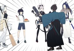 1other 2boys 2girls ahoge asymmetrical_hair bare_shoulders black_gloves black_hair black_hakama black_thighhighs blue_kimono blue_shorts braid chonmage faceless fate/grand_order fate/samurai_remnant fate_(series) food full_body gloves hair_over_shoulder hakama halterneck high_ponytail highres holding holding_oar holding_spoon japanese_clothes kimono kishimen_hair long_hair long_sleeves meme miyamoto_iori_(fate) miyamoto_musashi_(fate) monohoshizao multiple_boys multiple_girls ninjin_(ne_f_g_o) oar official_alternate_costume official_alternate_hairstyle omelet omurice pants parted_bangs ponytail prattkeeping_(meme) purple_hair sandals sasaki_kojirou_(fate) see-through_clothes shirt short_sleeves shorts sidelocks simple_background single_braid single_sidelock sleeveless socks spoon sports_sandals swept_bangs thighhighs topknot waraji white_hair white_pants white_shirt white_socks yamato_takeru_(fate) yui_shousetsu_(fate)