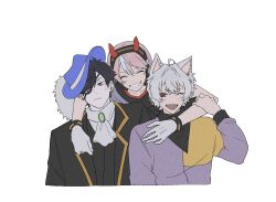 1girl 2boys ;d ^_^ ahoge animal_ears arm_around_neck ascot bandana bandana_around_neck black_bandana black_coat black_hair blue_hair blue_hat brooch cat_ears closed_eyes closed_mouth coat crazy_raccoon crossed_bangs earrings eyepatch fake_horns fangs frown gloves gold_earrings grin hair_between_eyes hair_intakes hand_up hat headphones horned_headwear horns hug hug_from_behind jacket jewelry kusa_mo_chi lapels long_hair long_sleeves mondo_(crazy_raccoon) multicolored_hair multicolored_jacket multiple_boys one_eye_closed one_eye_covered open_clothes open_coat open_mouth parted_bangs pink_hair print_eyepatch purple_jacket ras_(crazy_raccoon) red_eyes red_horns selly55 shirt short_eyebrows short_hair simple_background skull_print smile streaked_hair sweatdrop teeth tilted_headwear two-tone_jacket upper_body white_ascot white_background white_gloves white_hair white_shirt yellow_jacket