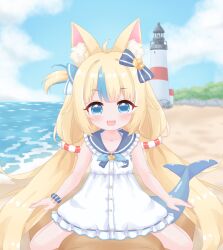 Rule 34 | 1boy, 1girl, :d, ahoge, animal ear fluff, animal ears, bare arms, bare legs, beach, blonde hair, blue bow, blue bowtie, blue eyes, blue sailor collar, blue scrunchie, blue sky, blue streaks, blue tail, blush, bow, bowtie, breast pocket, buttons, cat ears, center-flap bangs, chinese commentary, clothed female nude male, cloud, cloudy sky, commentary, cowgirl position, day, dress, english commentary, fins, fish tail, frilled dress, frilled shirt collar, frills, hair bow, hair flaps, hetero, highres, implied sex, indie virtual youtuber, lifebuoy hair ornament, lighthouse, long hair, looking at viewer, low twintails, mixed-language commentary, multicolored hair, multilingual commentary, nude, ocean, oldb, one side up, open mouth, outdoors, paid reward available, pocket, pov, pov crotch, public indecency, public nudity, sailor collar, sailor dress, sameko saba, scrunchie, shore, short dress, sky, smile, solo focus, straddling, straight-on, streaked hair, tail, tareme, twintails, variant set, very long hair, virtual youtuber, white dress, wrist scrunchie