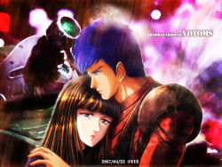 1boy 1girl blue_hair brown_hair chirico_cuvie copyright_name fiana mecha robot scopedog shuraku_yui soukou_kihei_votoms