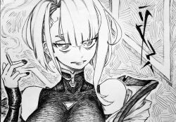 1girl bare_shoulders between_fingers black_leotard bodysuit breasts chronozbergh cigarette commentary cyberpunk_(series) cyberpunk_edgerunners english_commentary greyscale highres holding holding_cigarette jacket large_breasts leotard looking_at_viewer lucy_(cyberpunk) monochrome off_shoulder open_clothes open_jacket parted_bangs parted_lips short_hair single_sidelock smoke smoke_trail solo