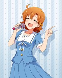 Rule 34 | 1girl, ^ ^, ahoge, anime coloring, aqua background, aqua ribbon, aqua shirt, aqua skirt, blush, card (medium), closed eyes, collarbone, cowboy shot, drop shadow, hair ornament, hands up, holding, holding microphone, idolmaster, idolmaster million live!, idolmaster million live! theater days, index finger raised, looking at viewer, microphone, music, official art, open mouth, orange hair, ribbon, sailor collar, shirt, short hair, singing, skirt, smile, solo, standing, star (symbol), summer junior highschool (idolmaster), summer uniform series (idolmaster), white sailor collar, yabuki kana