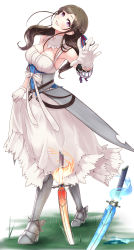 Rule 34 | 1girl, 315-usagi, absurdres, armor, bare shoulders, belt, blush, boots, braid, breasts, bright pupils, brown hair, choker, cleavage, clothes lift, detached collar, dress, dress lift, elbow pads, fire, gloves, grass, greaves, hair ornament, hair ribbon, highres, large breasts, long hair, looking at viewer, mature female, oosuki mamako, open mouth, parted bangs, purple eyes, reaching, reaching towards viewer, ribbon, smile, sword, tsuujou kougeki ga zentai kougeki de ni-kai kougeki no okaasan wa suki desu ka?, water, weapon, white gloves, white pupils
