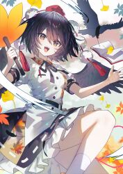1girl :d absurdres autumn_leaves bird black_hair black_skirt black_wings book buttons collared_shirt crow feathered_wings ginkgo_leaf hair_between_eyes hand_fan hashtag-only_commentary hat hauchiwa here_(hr_rz_ggg) highres holding holding_fan leaf leaf_print looking_at_viewer maple_leaf neck_ribbon open_book open_mouth pocket pom_pom_(clothes) puffy_short_sleeves puffy_sleeves red_eyes red_ribbon ribbon ribbon-trimmed_skirt ribbon_trim shameimaru_aya shirt short_hair short_sleeves skirt smile socks solo tokin_hat touhou white_shirt white_socks wings