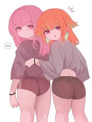 ... 2girls alternate_costume blush breasts couple earrings feather_earrings feathers highres hololive hololive_english jewelry large_breasts long_hair long_sleeves multicolored_hair multiple_girls open_mouth pink_hair purple_eyes simple_background spoken_ellipsis takanashi_kiara viqur virtual_youtuber white_background yuri