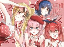 4girls ahoge beret black_ribbon blonde_hair blue_eyes blue_hair bocchi_the_rock! canis428 cape chinese_commentary commentary_request copyright_name crepe dress drinking_straw drinking_straw_in_mouth food gotoh_hitori hair_between_eyes hair_ornament hair_ribbon hairclip hat heart heart-shaped_eyewear highres holding holding_crepe holding_food ijichi_nijika kessoku_band kita_ikuyo long_hair multiple_girls open_mouth pink_hair plaid_clothes polka_dot polka_dot_dress red-framed_eyewear red_cape red_dress red_eyes red_hair red_hat ribbon short_hair side_ponytail sidelocks sunglasses sweat teeth upper_teeth_only yamada_ryo yellow_eyes