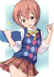 1girl :d \n/ alternate_costume blue_cardigan blush book bow bowtie buttons cardigan checkered_clothes checkered_skirt collared_shirt cowboy_shot dot_nose frilled_skirt frills gradient_background hair_between_eyes hair_ornament hairclip hands_up highres holding holding_book hoshizora_rin looking_at_viewer love_live! love_live!_school_idol_project open_mouth orange_hair outside_border pleated_skirt raised_eyebrows school_uniform sen_(sen0910) shirt short_hair simple_background skirt sleeves_rolled_up smile solo star_(symbol) white_shirt yellow_bow yellow_bowtie yellow_eyes