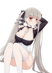 Rule 34 | 1girl, absurdres, arm behind head, ass, azur lane, bare shoulders, between breasts, black bow, black dress, black ribbon, blunt bangs, blush, bow, breasts, cleavage, closed mouth, collarbone, commentary, convenient leg, detached collar, dress, earrings, embarrassed, ero mang-a, feet out of frame, female focus, formidable (azur lane), frilled dress, frills, grey hair, hair bow, hair ribbon, highres, jewelry, large breasts, long hair, long sleeves, looking at viewer, no panties, red eyes, ribbon, simple background, sitting, solo, thighhighs, twintails, two-tone ribbon, very long hair, white background, white ribbon, white thighhighs