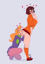 2girls absurdres anilingus ass black-framed_eyewear blush breasts brown_hair closed_eyes commentary daphne_blake english_commentary female_masturbation freckles from_side full-face_blush full_body glasses grabbing_another&#039;s_ass groping heart highres large_breasts long_hair magnifying_glass mary_janes masturbation multiple_girls nagainosfw naughty_face on_one_knee orange_hair orange_socks orange_sweater pantyhose pink_pantyhose purple_sweater pussy_juice pussy_juice_drip_through_clothes rolling_eyes scooby-doo sex sex_from_behind shoes short_hair sleeves_pushed_up small_breasts socks standing standing_anilingus sweater thick_thighs thighs turtleneck turtleneck_sweater velma_dinkley yuri