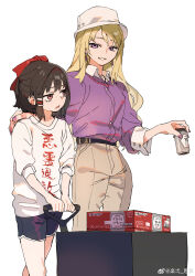 2girls absurdres adapted_costume asahi_breweries beer_can belt black_belt black_shorts blonde_hair bow box brand_name_imitation brown_hair brown_pants can cart chinese_commentary clothes_writing collared_shirt commentary cowboy_shot drink_can grin hakurei_reimu hand_on_another&#039;s_shoulder hat height_difference highres holding holding_can long_sleeves medium_hair multiple_girls pants purple_eyes purple_sweater rakuichi red_bow red_eyes shirt shorts simple_background smile sweater touhou white_hat white_shirt yakumo_yukari