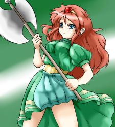 Rule 34 | 1girl, axe, blue eyes, breasts, dress, female focus, final fantasy, final fantasy mystic quest, gradient background, holaana, karen (ffmq), long hair, orange hair, solo, tiara, weapon