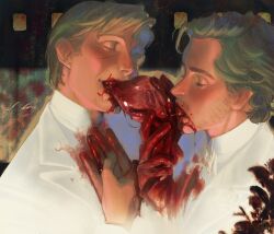 2boys blood cannibalism closed_eyes eating eyelashes facial_hair hannibal_(tv_series) hannibal_lecter heart_(organ) highres multiple_boys mustache old p1nkmic shirt short_hair teeth will_graham yaoi