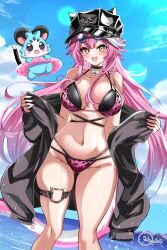 1girl :d absurdres animal_print bikini black_choker black_hat black_jacket blue_sky breasts chattino_(raora_panthera) choker day double_bikini eyewear_on_head hat highres hololive hololive_english inokeiwd jacket large_breasts leopard_print long_hair looking_at_viewer ocean official_alternate_costume open_mouth outdoors panther_girl panther_tail peaked_cap pink_bikini pink_hair raora_panthera raora_panthera_(holonatsu_paradise) round_eyewear sky smile sunglasses swimsuit tail virtual_youtuber white_streaks yellow_eyes