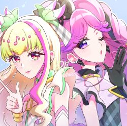 2girls arm_up bare_arms bare_shoulders black_gloves black_hair blonde_hair blowing_kiss blunt_bangs blush bracelet braid brooch cure_kiss cure_zukyuun dress earrings elbow_gloves finger_gun fortissimo frilled_ribbon frills gingham gingham_shirt gloves gradient_hair green_hair hair_ornament hair_ribbon hair_tie hair_wings hand_up highres jewelry kimi_to_idol_precure long_hair looking_at_viewer meroron_(human_form) multicolored_hair multiple_earrings multiple_girls musical_note musical_note_hair_ornament one_eye_closed parted_bangs pearl_earrings pink_eyes pink_hair precure puffy_short_sleeves puffy_sleeves purirun_(human_form) purple_eyes ribbon rii_(rii0_02) short_sleeves sideways_glance single_bare_shoulder sleeveless sleeveless_dress twin_braids twintails twitter_username upper_body very_long_hair white_gloves winged_hair_ornament wrist_cuffs