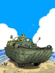 6+boys beach cat_boy combat_helmet crab helmet highres horizon m1_helmet multiple_boys ocean original shore soldier water watercraft wheel yabarn