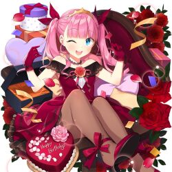 1girl akane_garnet aqua_eyes bad_tag bare_arms bead_necklace beads bow box brown_pantyhose cake dress flower food frilled_skirt frills gift gift_box gloves gold_tiara hair_bow heart heart-shaped_cake heart-shaped_food jewelry legs long_hair necklace off-shoulder_dress off_shoulder on_chair one_eye_closed open_mouth pantyhose pink_hair red_bow red_dress red_flower red_gloves red_rose red_shoes rose salt_(salty) shoes sitting skirt twintails uchi_no_hime-sama_ga_ichiban_kawaii