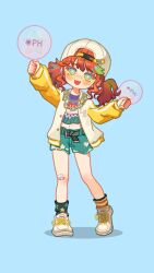 +_+ 1girl absurdres ankle_socks aqua_shorts backwards_hat bandaid bandaid_on_knee bandaid_on_leg baseball_cap belt belt_buckle black_belt black_socks blue_background blue_eyes blunt_bangs buckle chain chain_necklace character_request colored_eyelashes cropped_sweater floral_print full_body hand_fan happy hat heart heart-shaped_pupils highres holding holding_fan identity_v jacket jersey jewelry knees light_blush long_sleeves medium_hair midriff mismatched_socks mokara multicolored_sweater necklace open_clothes open_jacket open_mouth orange_hair puffy_long_sleeves puffy_sleeves red_socks shadow shoes short_twintails shorts sidelocks simple_background sleeves_past_wrists smile sneakers socks solo sparkling_eyes standing star_(symbol) star_print striped_belt striped_clothes striped_socks sunglasses sweater symbol-shaped_pupils tinted_eyewear twintails two-tone_socks wavy_hair white_hat white_jacket white_shoes yellow-framed_eyewear yellow-tinted_eyewear yellow_sleeves yellow_socks