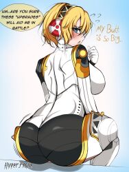 Rule 34 | 1girl, aigis (persona), android, armor, artist name, ass, ass focus, blonde-haired boy (sunaba (nczd5875)), blush, breasts, embarrassed, english text, from behind, gloves, headphones, highres, hyper.rxgue, large breasts, looking at viewer, looking back, open mouth, persona, persona 3, short hair, sideboob, simple background, sitting, solo, talking, white gloves