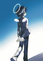 Rule 34 | 1boy, absurdres, angel, angel wings, blue background, blue hair, boxcutter, commentary request, gakuran, halo, highres, holding, holding boxcutter, komiroku, looking at viewer, looking back, male focus, mini wings, randal&#039;s friends, school uniform, short hair, solo, standing, tsukada satoru, walking, wings