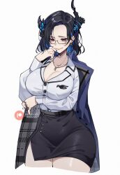Rule 34 | 1girl, absurdres, asymmetrical horns, black hair, black skirt, blue hair, breasts, cleavage, colored inner hair, demon horns, highres, hololive, hololive english, horns, jewelry, keisea, large breasts, mole, mole under eye, multicolored hair, nerissa ravencroft, nerissa ravencroft (casual), no legwear, official alternate costume, official alternate hair length, official alternate hairstyle, red eyes, shirt, skirt, solo, virtual youtuber, white shirt
